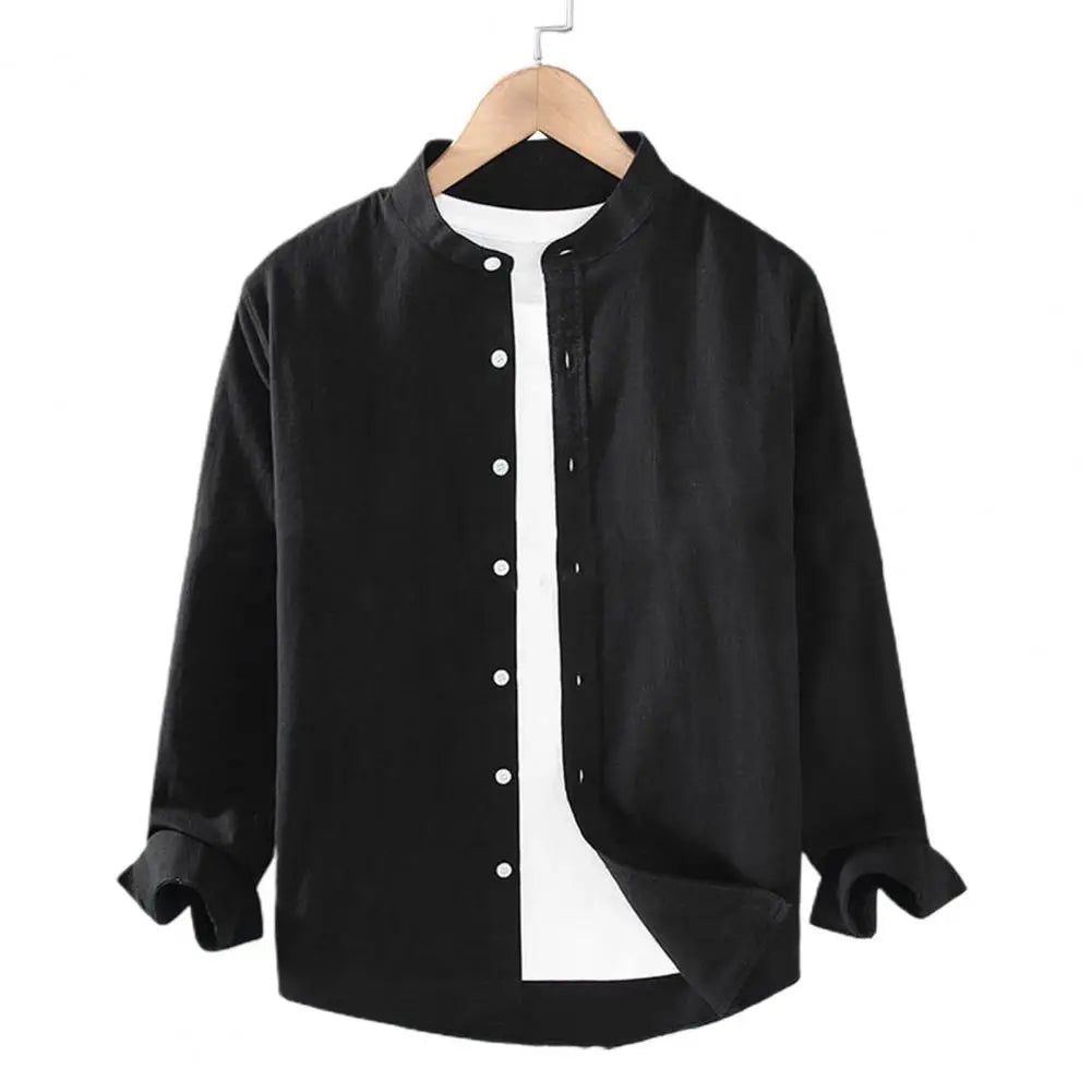 Men's Linen Stand Collar Shirt - Long Sleeve Casual (M-4XL)