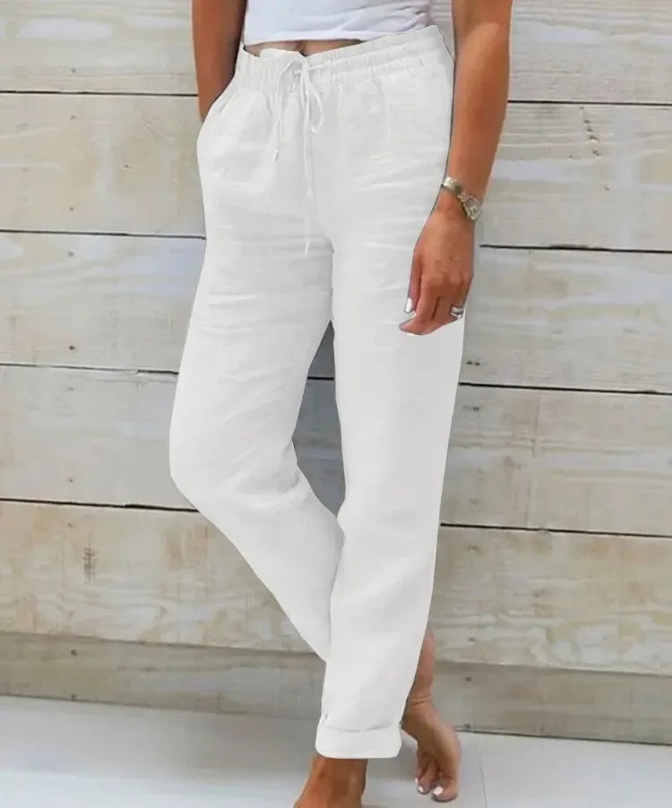 Pantalones de Verano de Lino y Algodón para Mujer, Cintura Alta Elástica, Pantalones Casuales, Ropa Urbana, Color Liso, Ropa Femenina 2026, Pantalones Lápiz Holgados