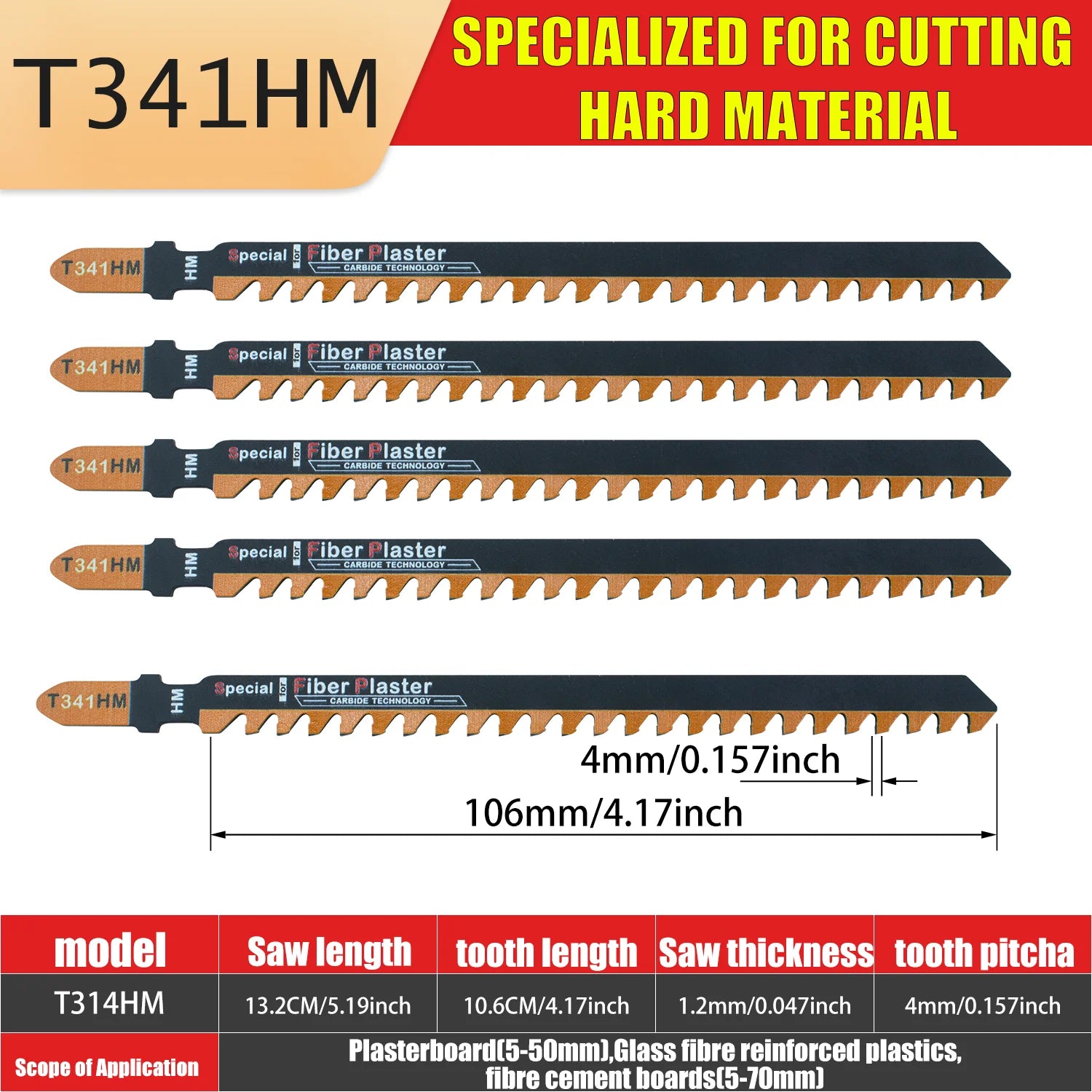 T141Hm1 1-Piece 4 in 6 Tpi Carbide-Tipped Special for Fiber and Plaster T-Shank Jig Saw Blades