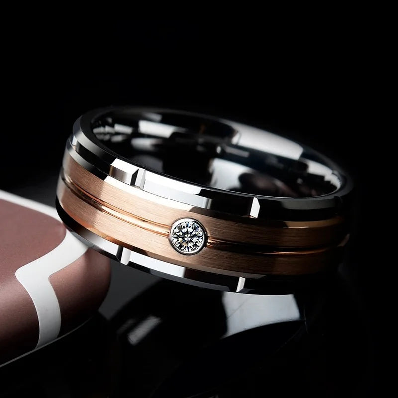 Hollow Carved Zirconia Couple Ring | Rose Gold & Silver | Bridal Engagement & Wedding Jewelry