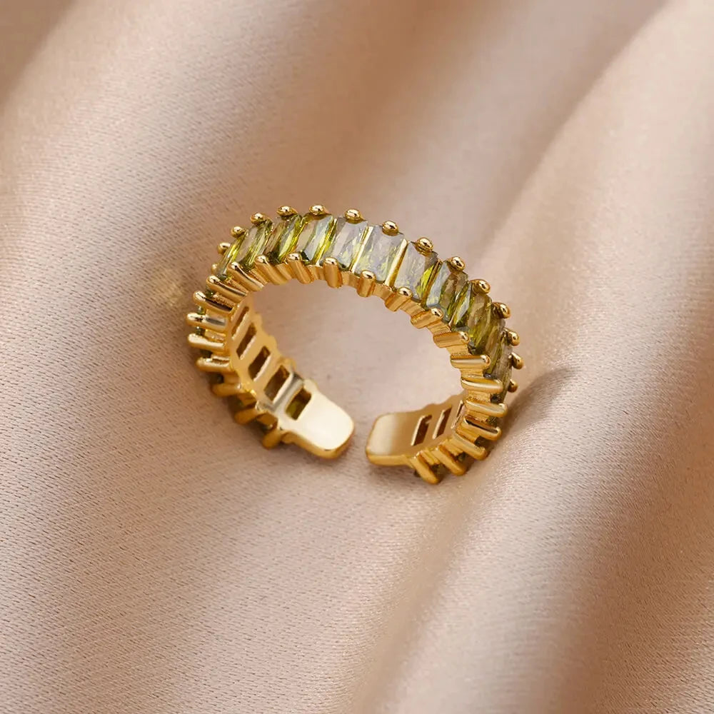 Anillo Abierto de Circonita Cúbica de Colores | Acero Inoxidable Bañado en Oro de 18K | Estilo Boho Vintage | Regalo para Mujer