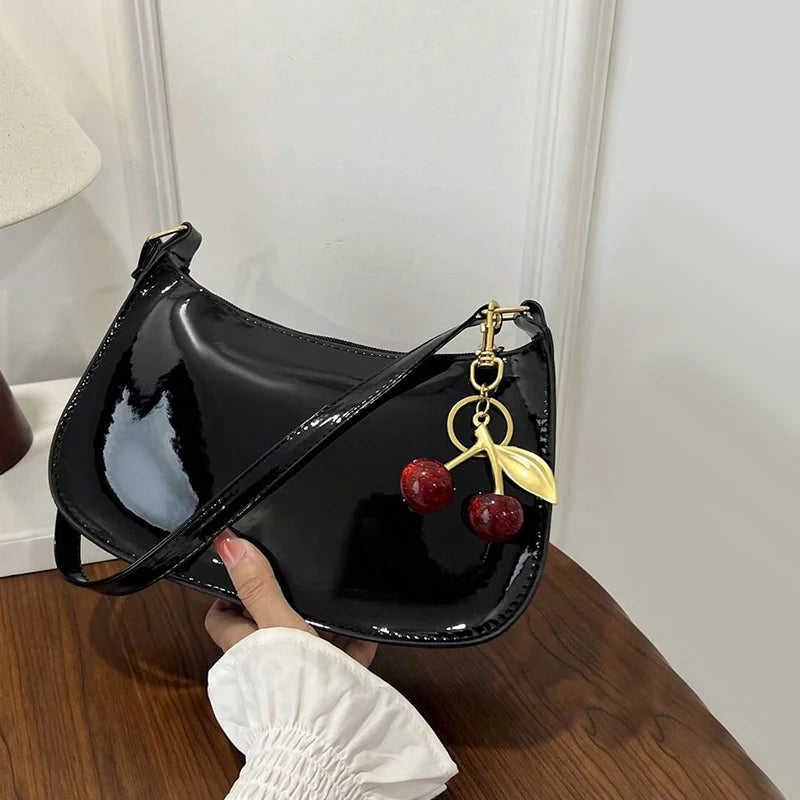 Vintage Retro PU Leather Shoulder Bag — Underarm Crossbody Handbag with Cherry Pendant