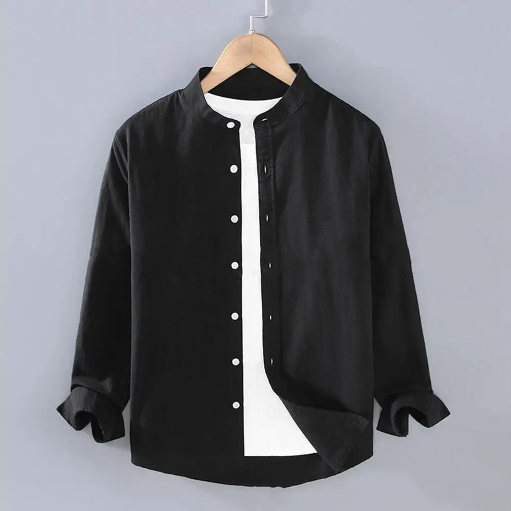 Men's Linen Stand Collar Shirt - Long Sleeve Casual (M-4XL)