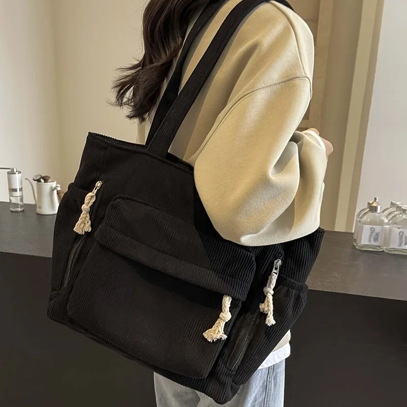 Corduroy Shoulder Tote Bag — Casual Multi-Pocket Women's Handbag