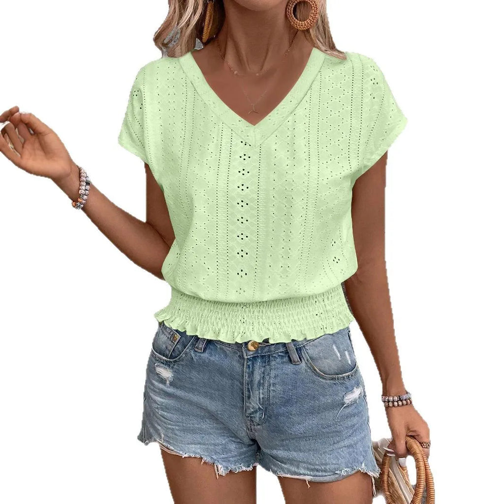 2025 Spring Summer New Fashion Blouses Solid V-Neck Jacquard Hollow-Out Smocking Short-Sleeve Shirts Fashion Casual Women's Tops