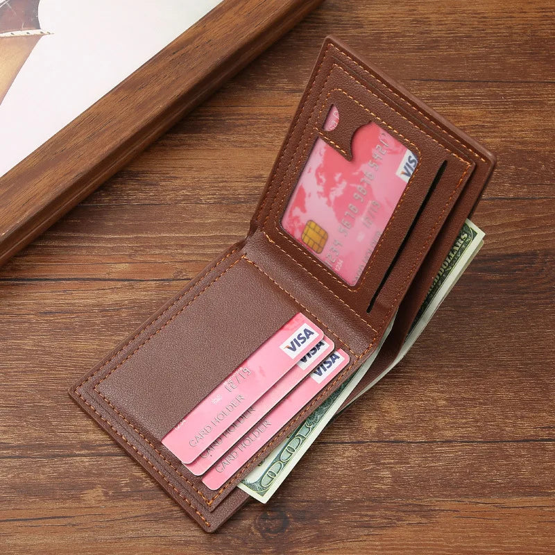 Men's Lychee Texture PU Leather Short Wallet — Business Card Holder & Coin Purse