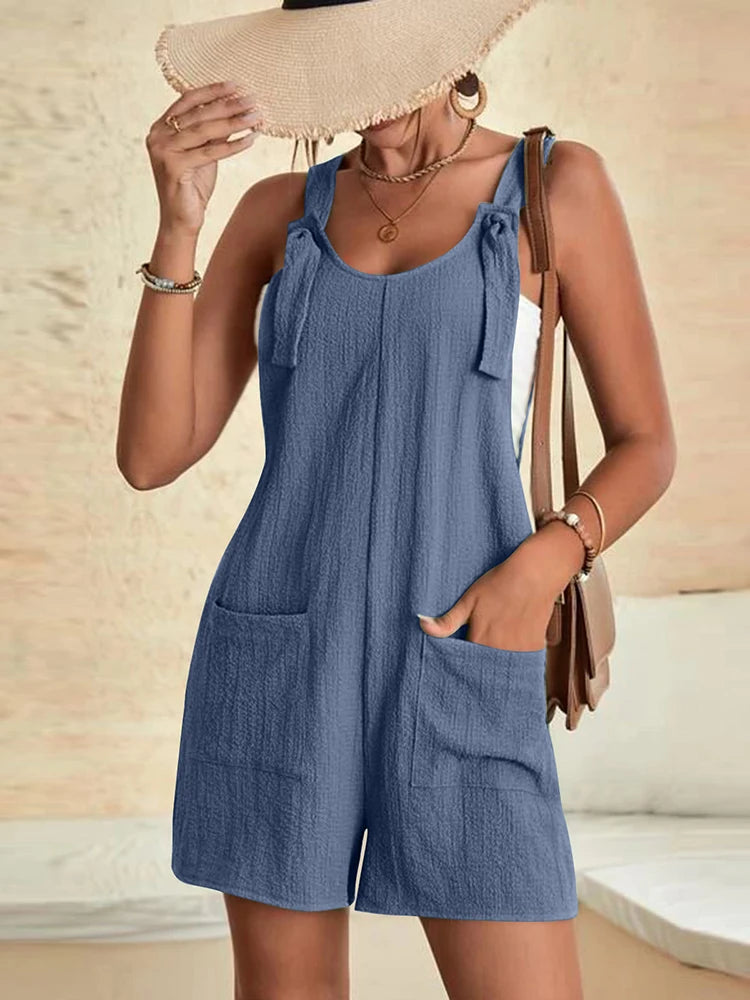 Women's Tie-Knot Strap Romper – Loose Casual Shorts Jumpsuit with Pockets