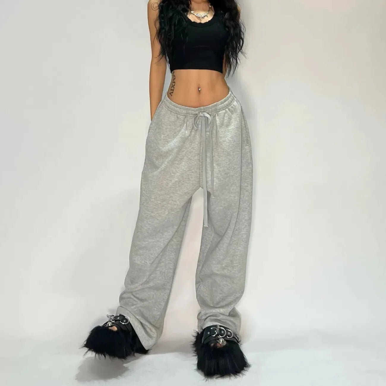 Y2K Wide Leg Cargo Sweatpants – Drawstring Jogger Pants for Women & Men