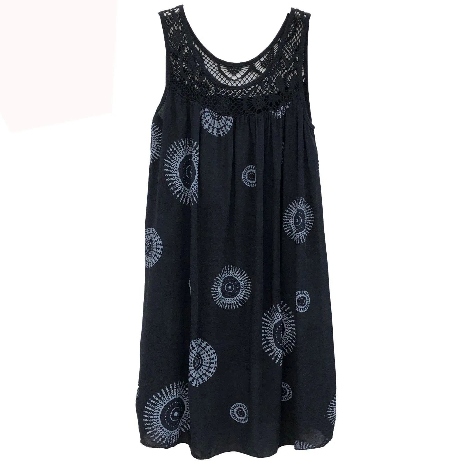Women's Plus Size Boho Print Swing Dress – Lace Crochet Neck Sleeveless Camisole