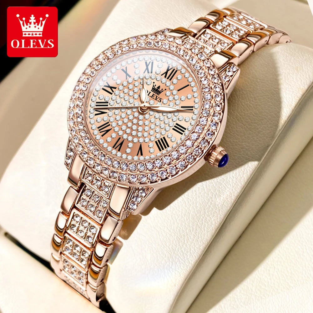 OLEVS 9943 Women's Diamond Quartz Watch | Roman Numeral Dial | Luminous | Stainless Steel Bracelet
