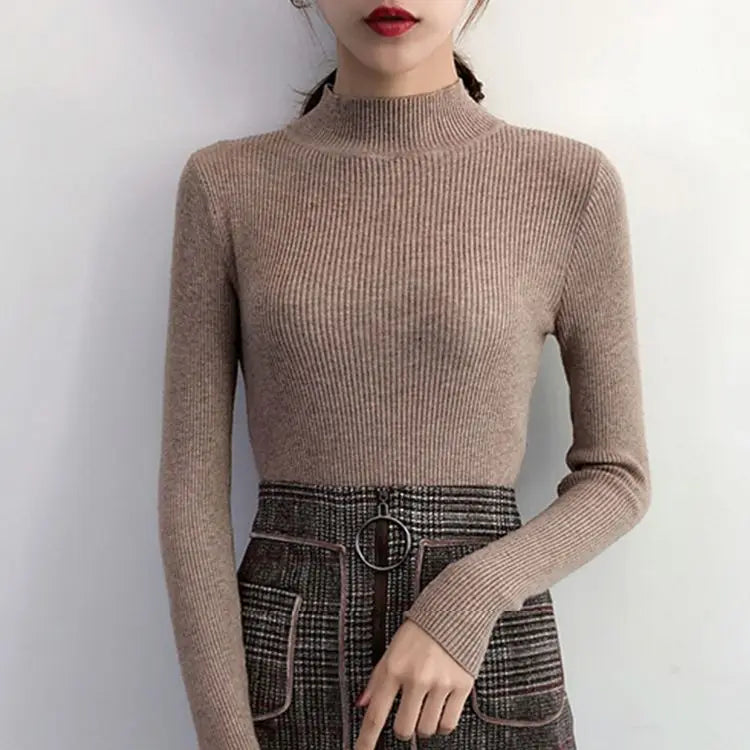 Women's Mock Neck Slim Knit Pullover | Vintage Basic Solid Sweater 11 Colors One Size