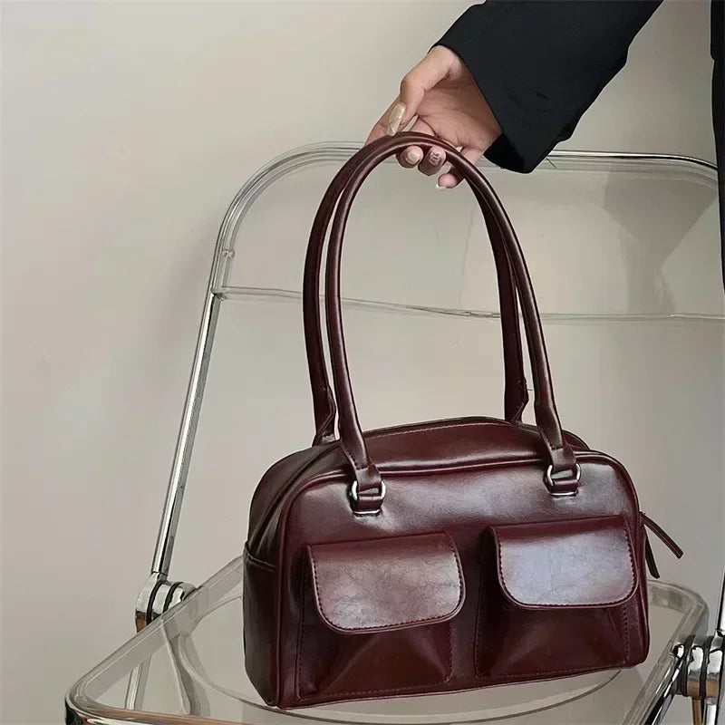 Women's Vintage Business Shoulder Bag — PU Leather Baguette Commute Tote