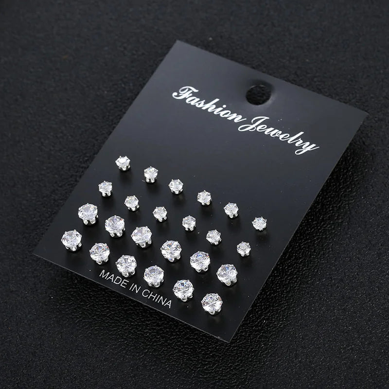 12-Pair Cubic Zirconia Stud Earring Set – Hypoallergenic Mixed Styles