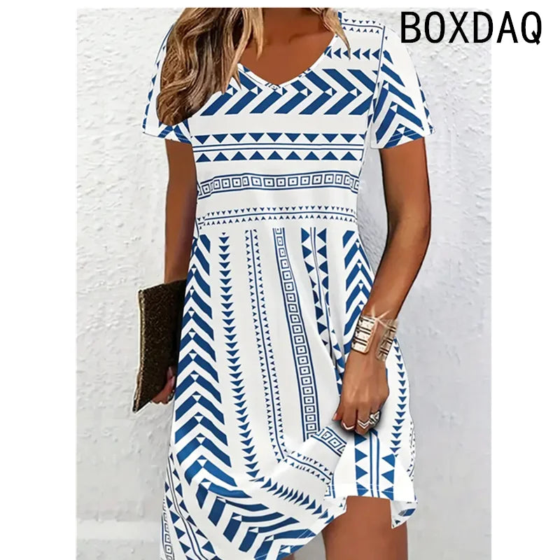 Vestido de mujer de verano de manga corta con cuello redondo, casual, holgado, línea A, talla grande 3XL, estampado 3D a rayas, elegante, vintage