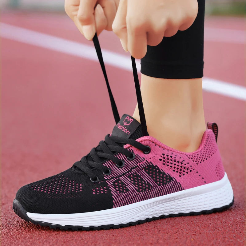 Women's Breathable Mesh Lace-Up Sneakers – Lightweight Flat Walking Shoes