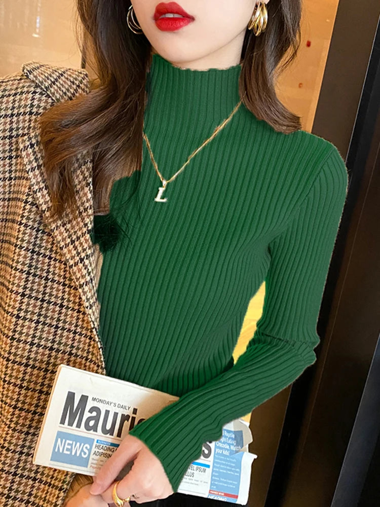 Women's Elegant Mock Neck Slim Knit Sweater | Long Sleeve Casual Pullover 9 Colors One Size