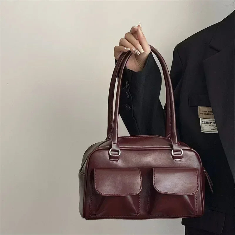 Women's Vintage Business Shoulder Bag — PU Leather Baguette Commute Tote