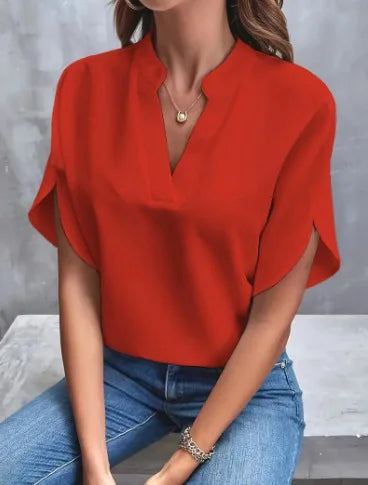 Women's V-Neck Blouse - Short Sleeve Loose Fit (S-XXL)