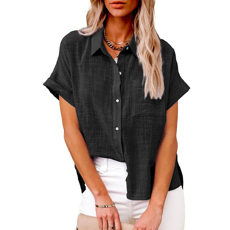 Women's Linen Pocket Blouse - Short Sleeve Loose Fit (S-5XL)