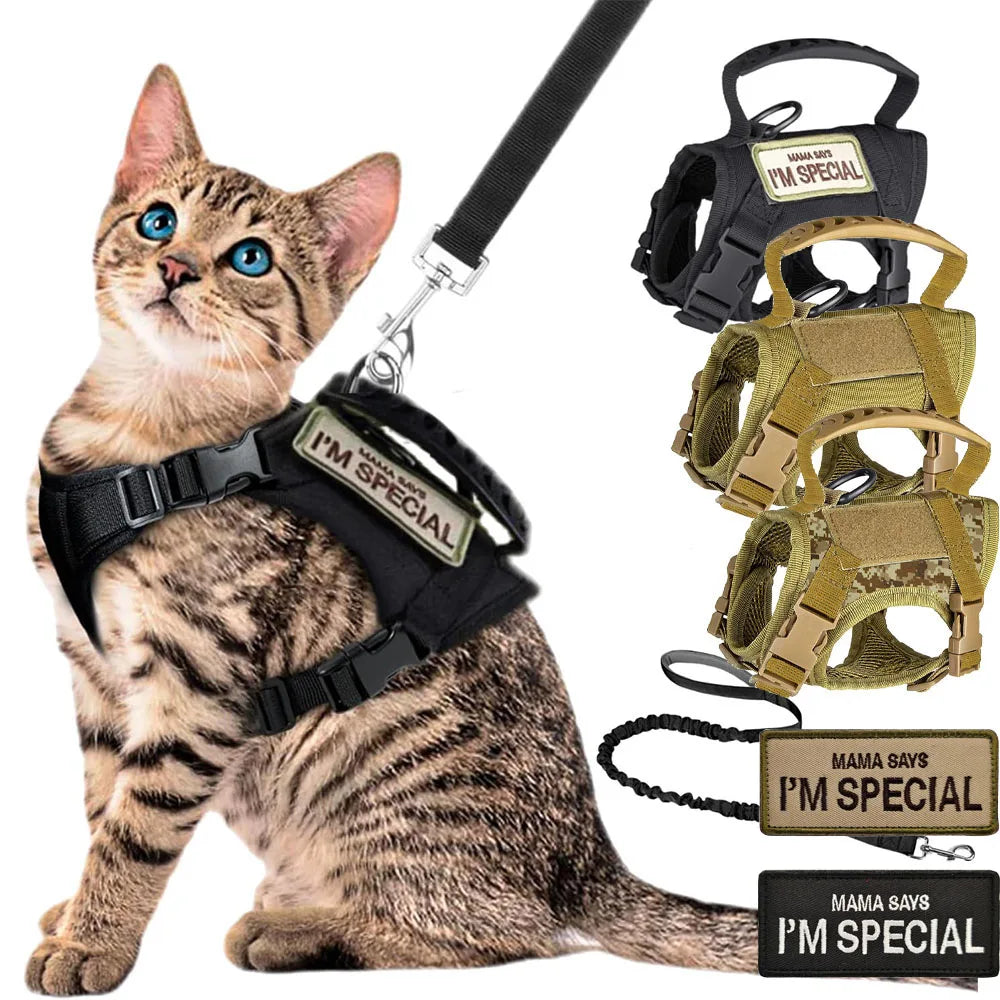 Tactical Cat & Dog Harness with Leash – Adjustable Soft Mesh Vest with Handle