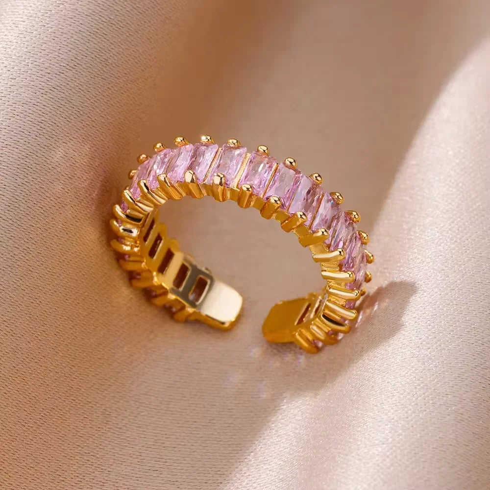 Anillo Abierto de Circonita Cúbica de Colores | Acero Inoxidable Bañado en Oro de 18K | Estilo Boho Vintage | Regalo para Mujer
