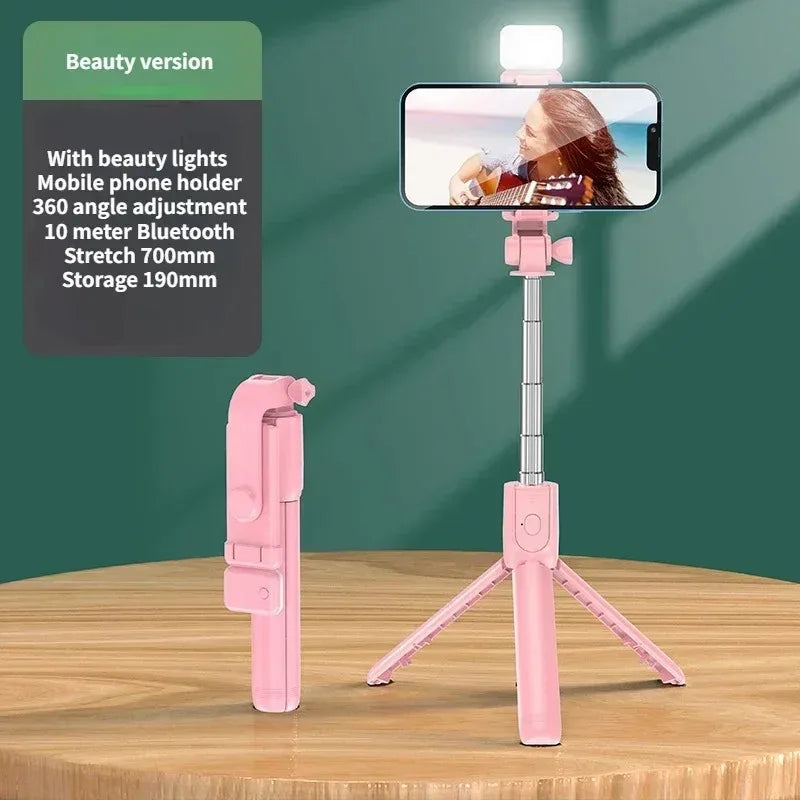 3-in-1 Selfie Stick Tripod – Fill Light, Bluetooth Remote & Foldable Stand