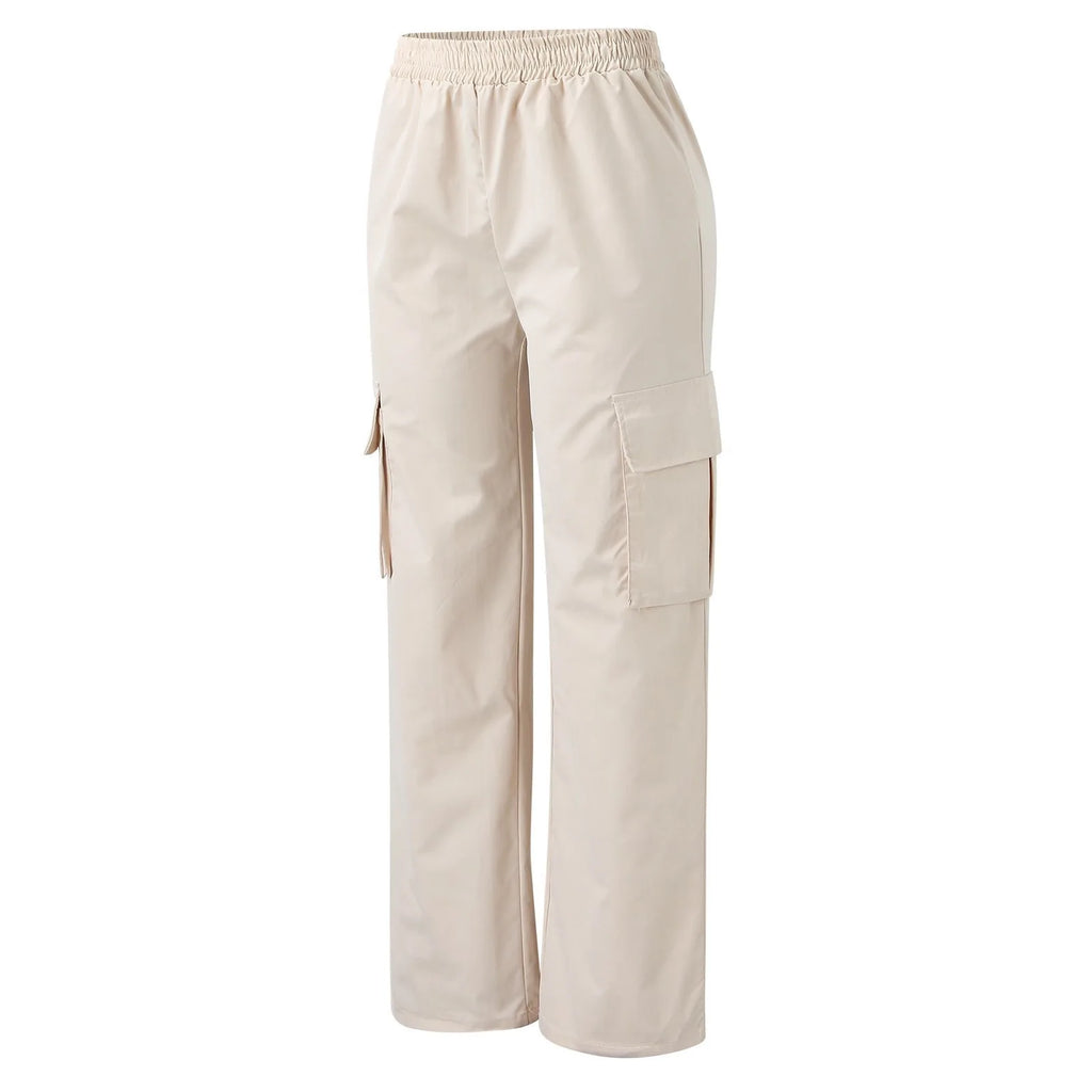 Pantalones de chándal anchos de moda para mujer, informales, de viaje, elegantes, rectos, tipo cargo, de cintura alta elástica, holgados y elegantes.