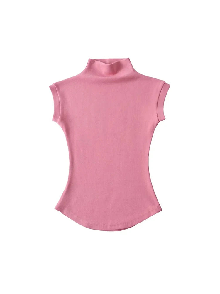 Camisetas sin mangas sexys de cuello alto para mujer, ajustadas, lisas, informales, de verano, camisetas básicas para la calle