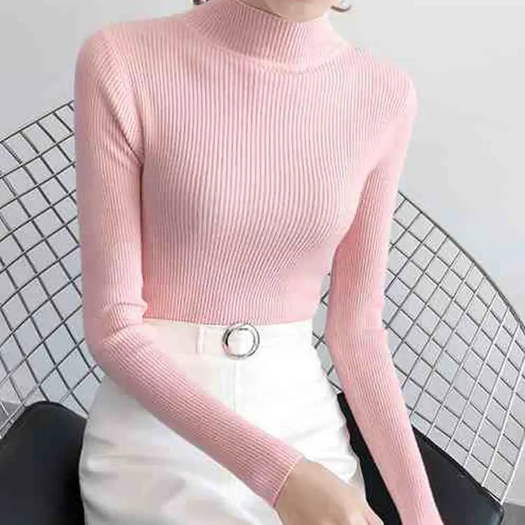 Women's Mock Neck Slim Knit Pullover | Vintage Basic Solid Sweater 11 Colors One Size