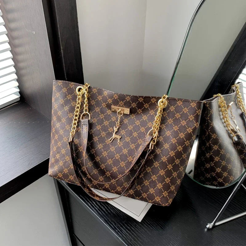 Luxury Plaid Print Tote Bag — Large Capacity PU Leather Shoulder Bag with Tassel Pendant