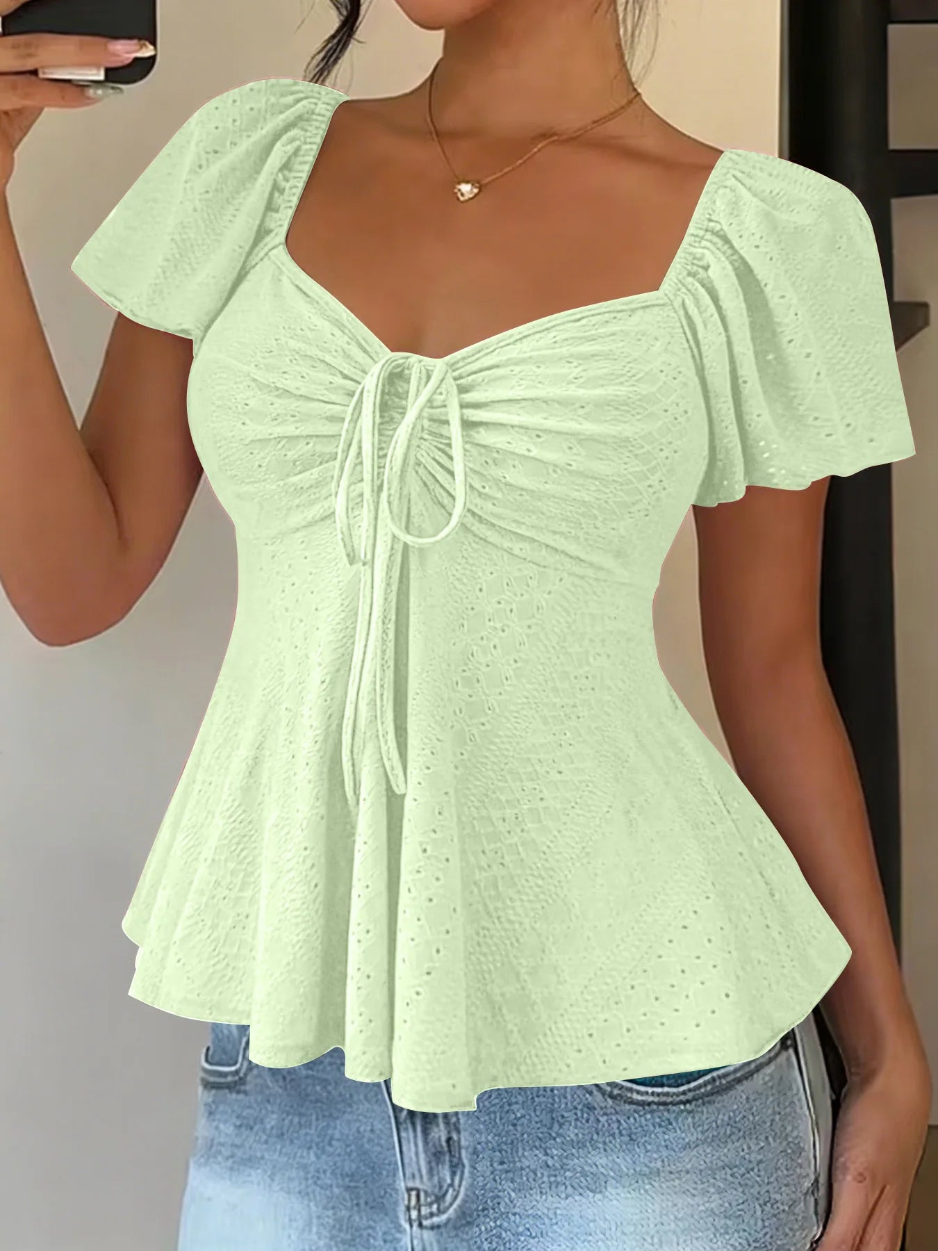 Women's Y2K Drawstring Blouse - V-Neck Butterfly Sleeve (S-XXL)