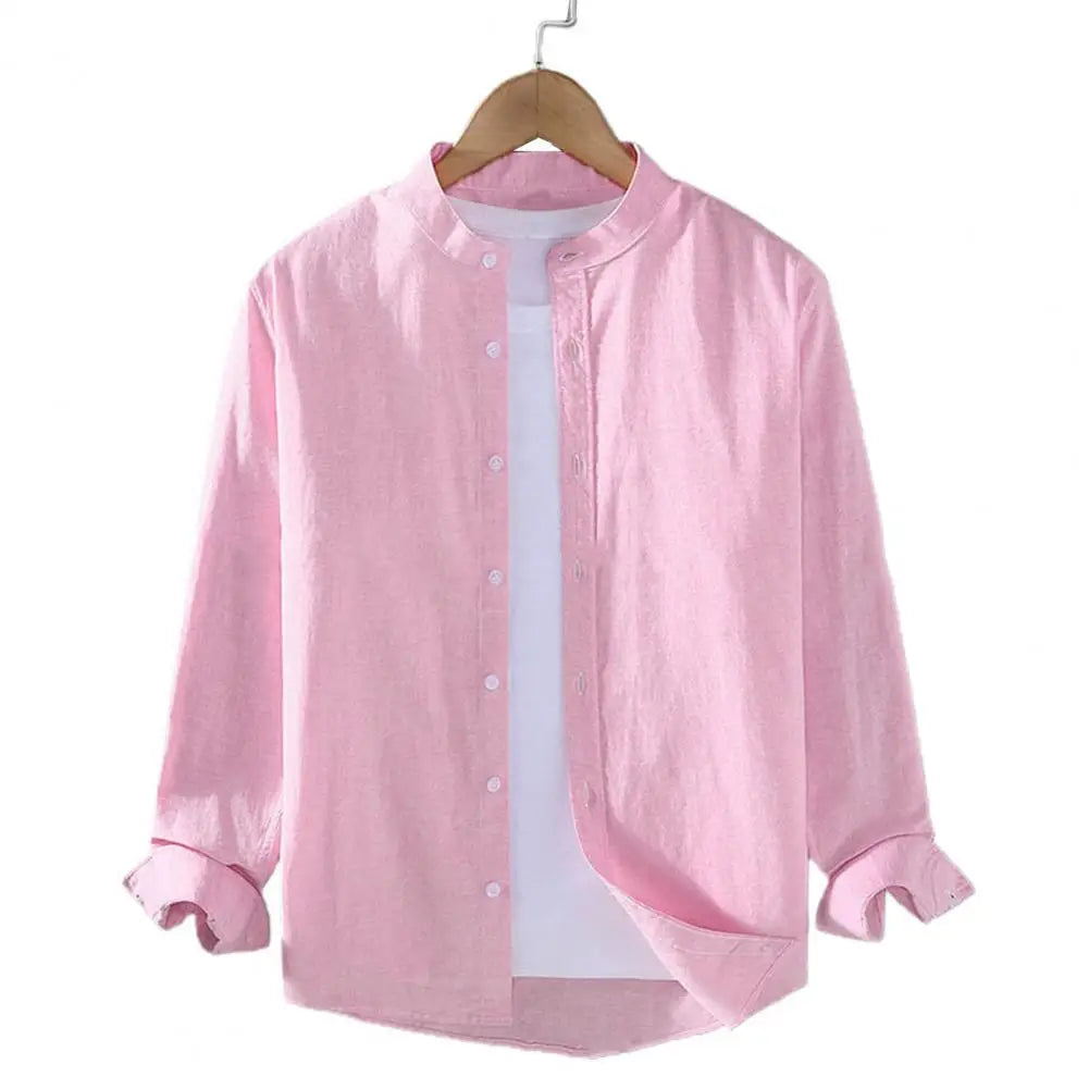 Men's Linen Stand Collar Shirt - Long Sleeve Casual (M-4XL)