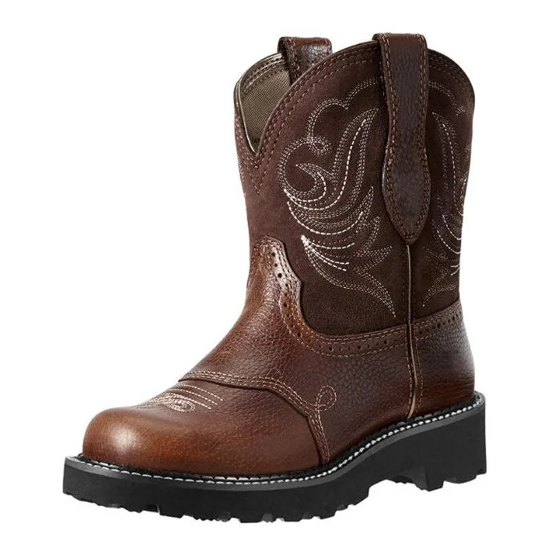 Women's Goth Cowboy Boots – Embroidered Mid-Calf Slip-On, Retro Western