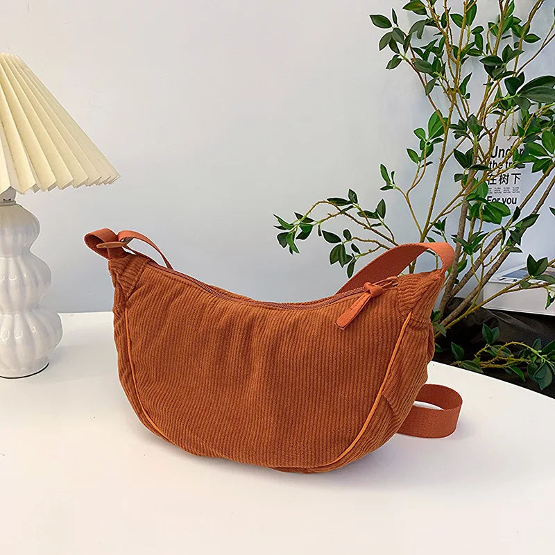 Corduroy Hobo Shoulder Bag — Retro Casual Crossbody Handbag for Daily & Travel Use