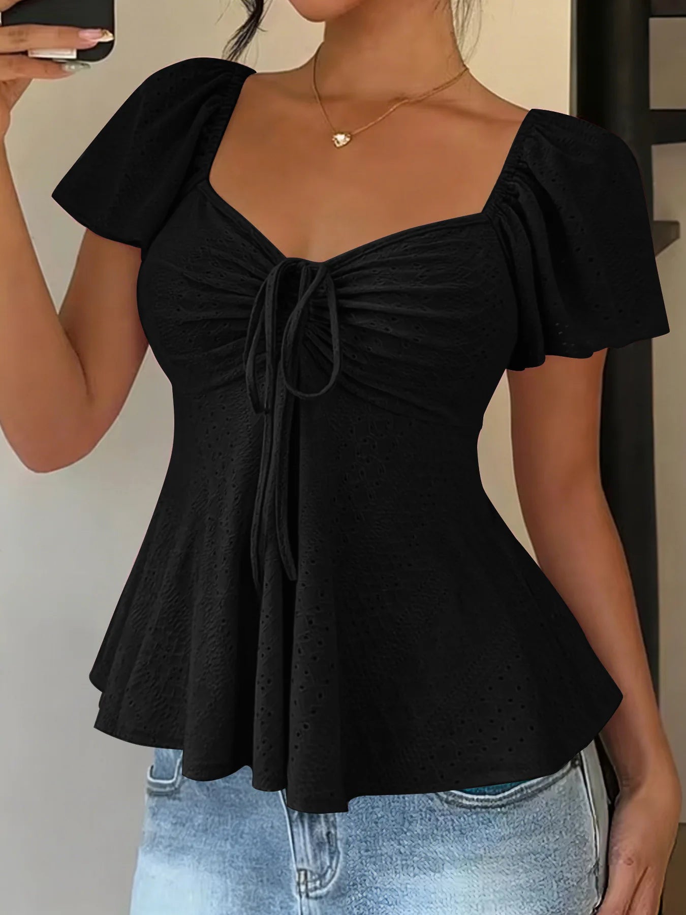 Women's Y2K Drawstring Blouse - V-Neck Butterfly Sleeve (S-XXL)