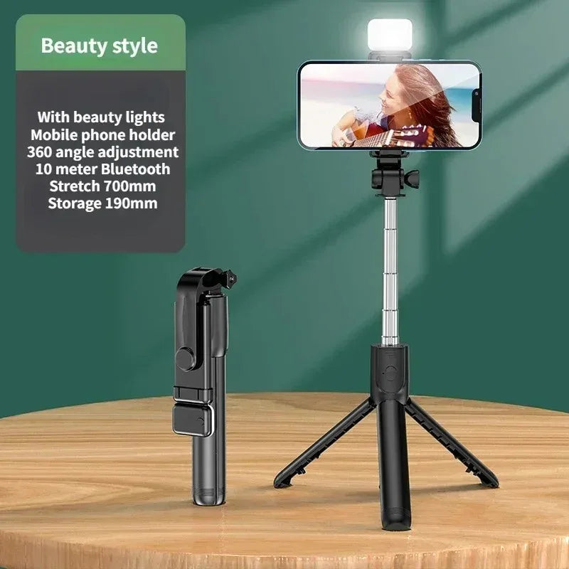 3-in-1 Selfie Stick Tripod – Fill Light, Bluetooth Remote & Foldable Stand