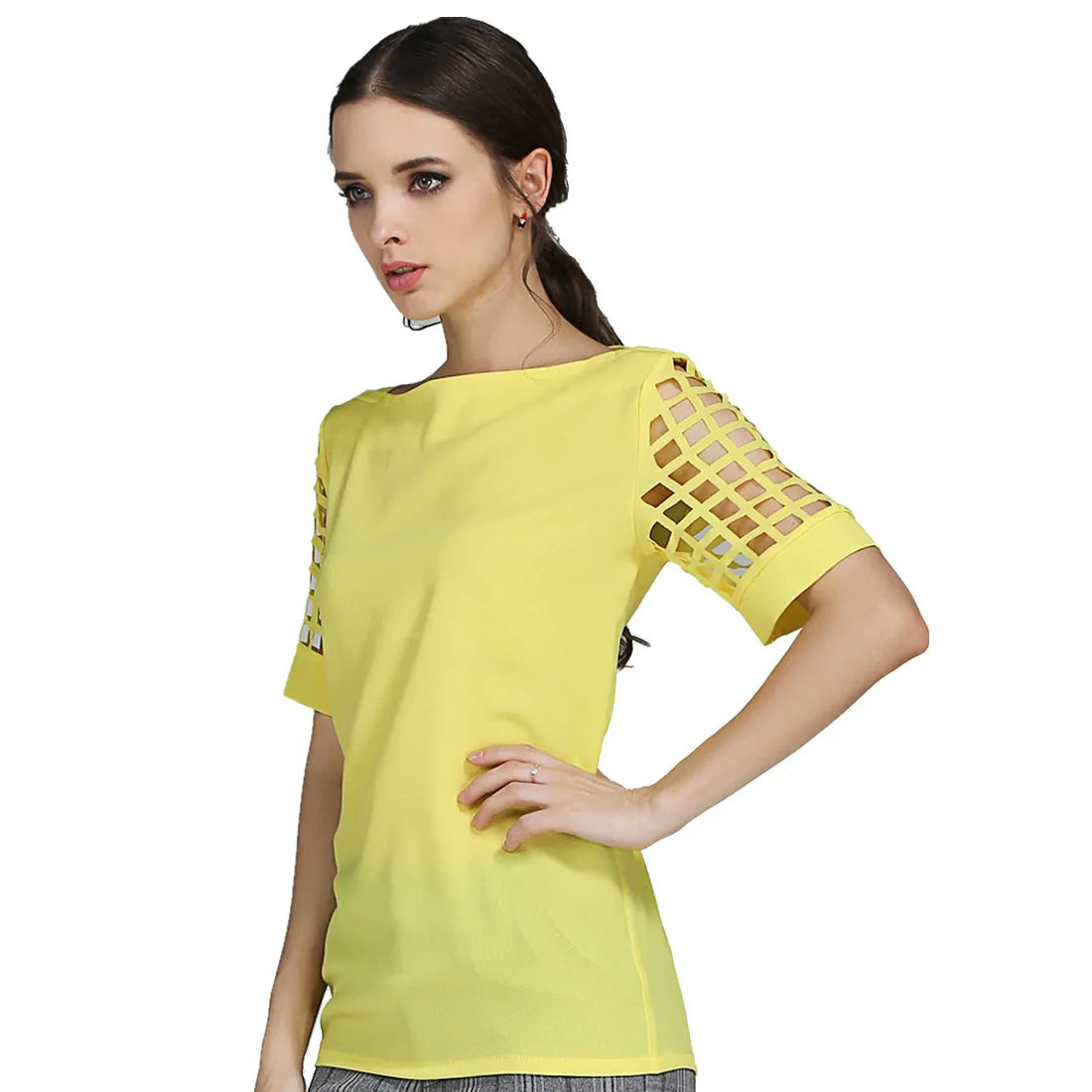 Summer Fashion Women Blouses & Shirts Hollow Out Sleeve Slash Neck Chiffon Blouse Plus Size