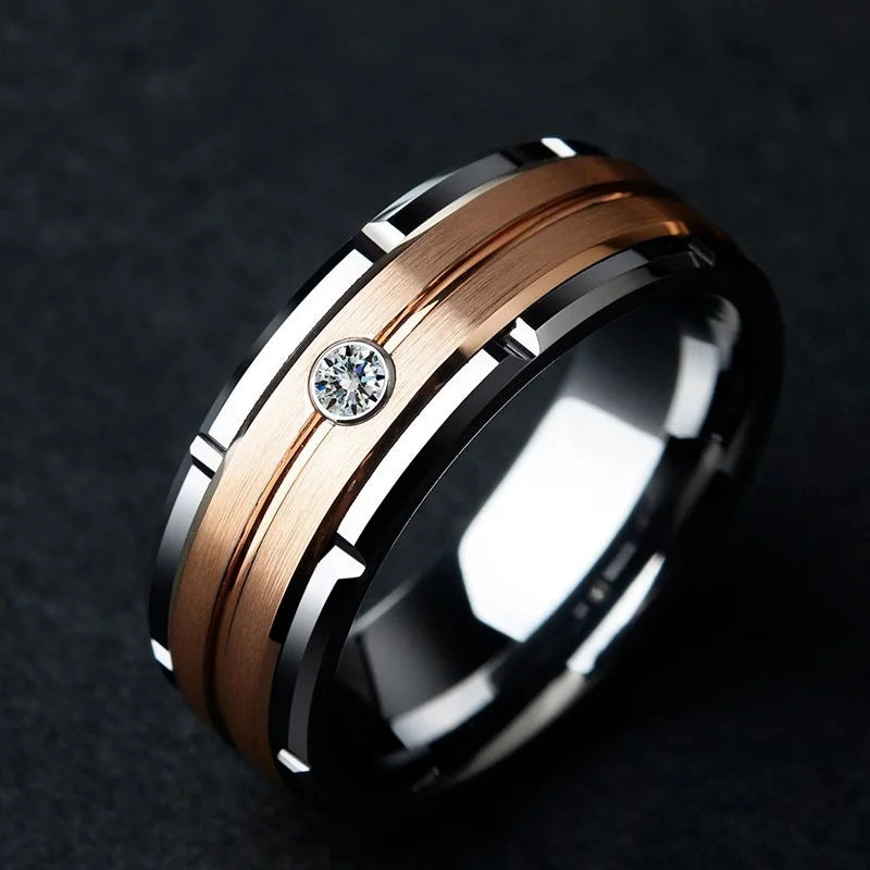 Hollow Carved Zirconia Couple Ring | Rose Gold & Silver | Bridal Engagement & Wedding Jewelry
