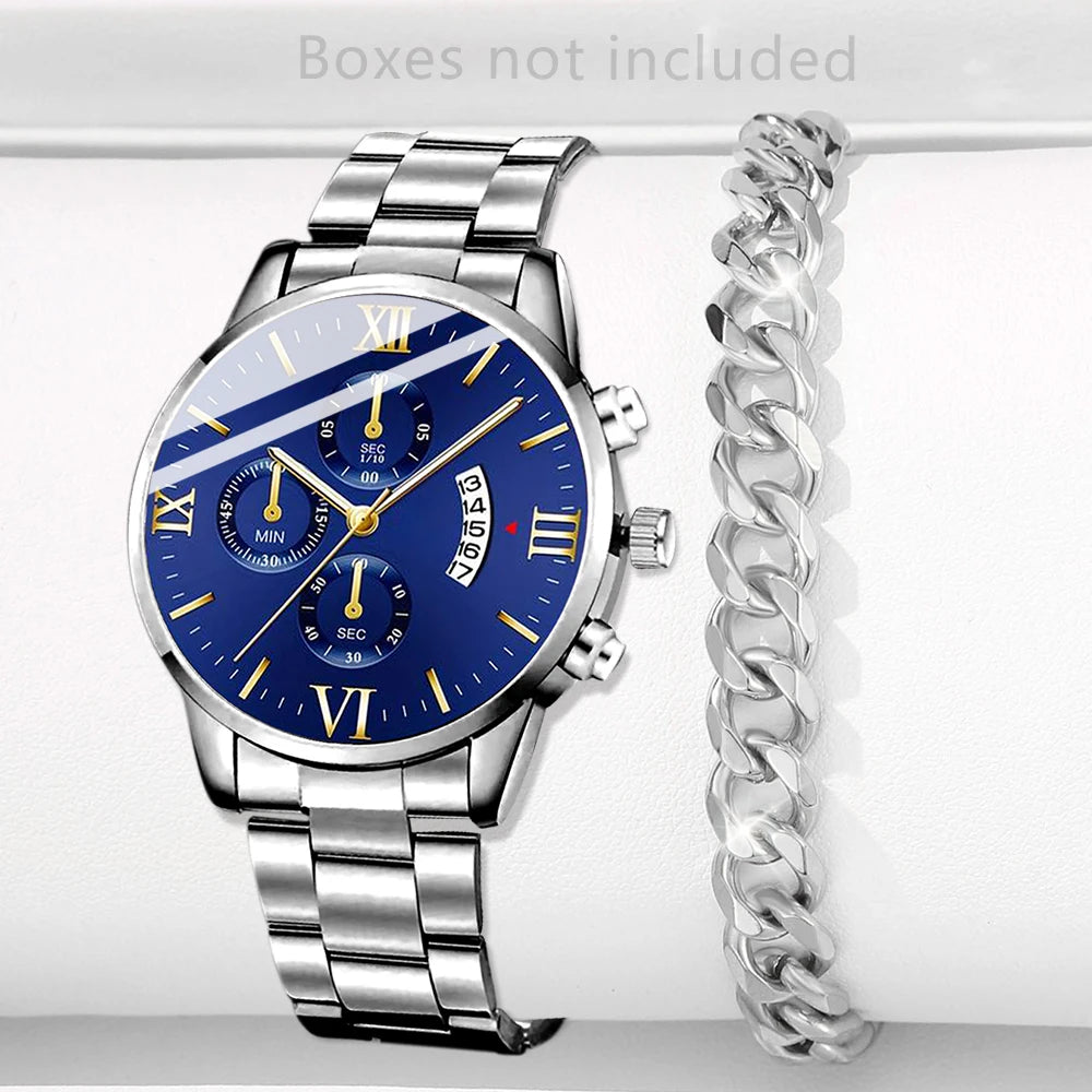 Men's Quartz Watch & Bracelet Gift Set – Calendar Chronograph-Style Dial