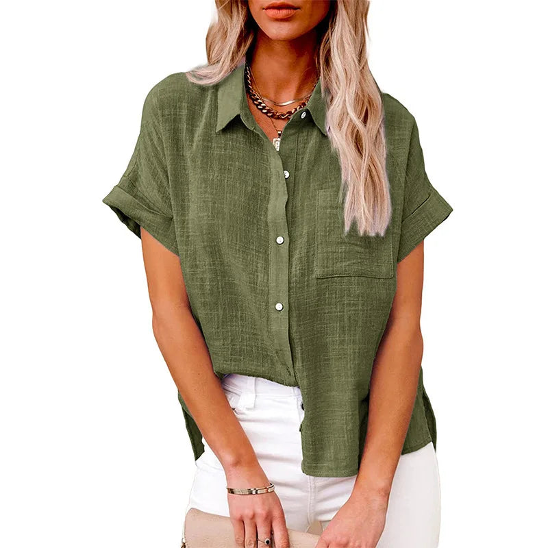 Women's Linen Pocket Blouse - Short Sleeve Loose Fit (S-5XL)