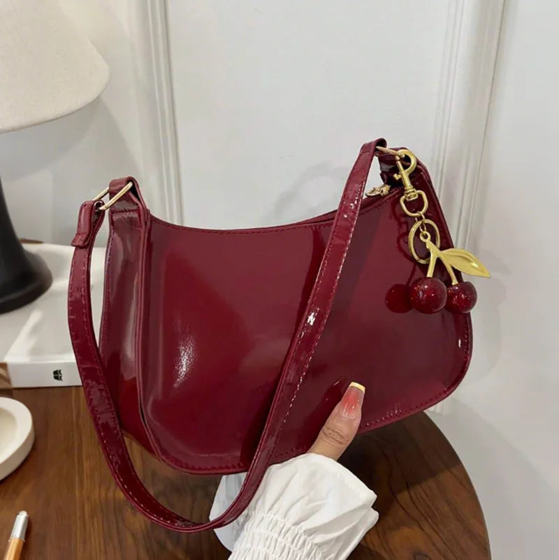 Vintage Retro PU Leather Shoulder Bag — Underarm Crossbody Handbag with Cherry Pendant