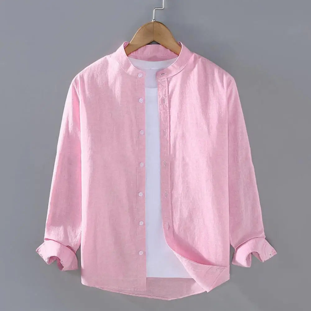 Men's Linen Stand Collar Shirt - Long Sleeve Casual (M-4XL)