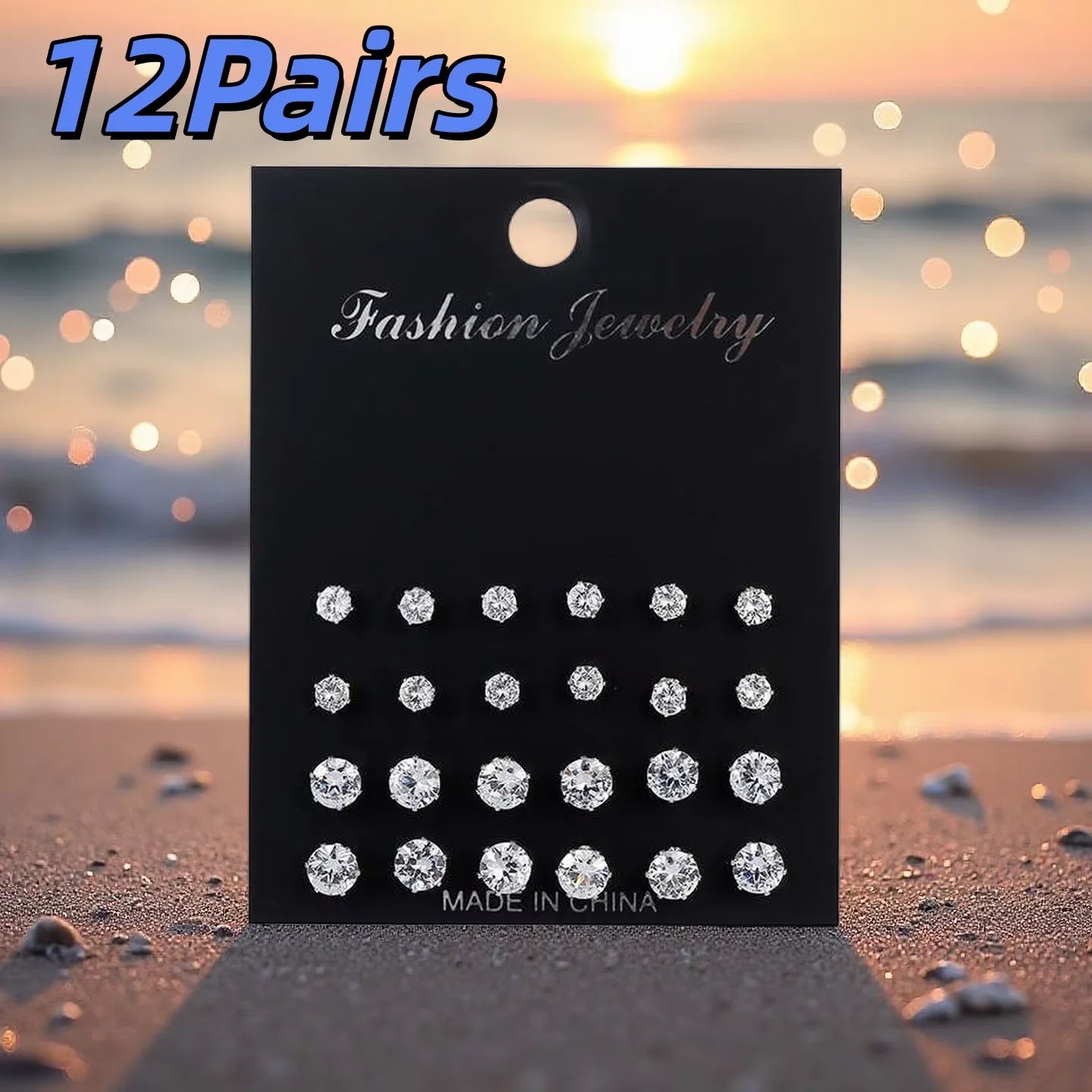12-Pair Cubic Zirconia Stud Earring Set – Hypoallergenic Mixed Styles