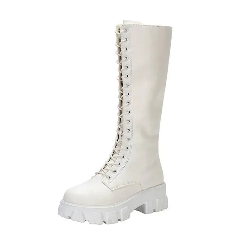 Women's Mid Calf Boots Padded Shoes Knee High Winter Sneakers Punk Style Military Casual White Black 2024 Lucury Platform Woman