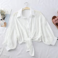 Women's Tied Waist Blouse - Bat Sleeve Button Front (S-XXL)