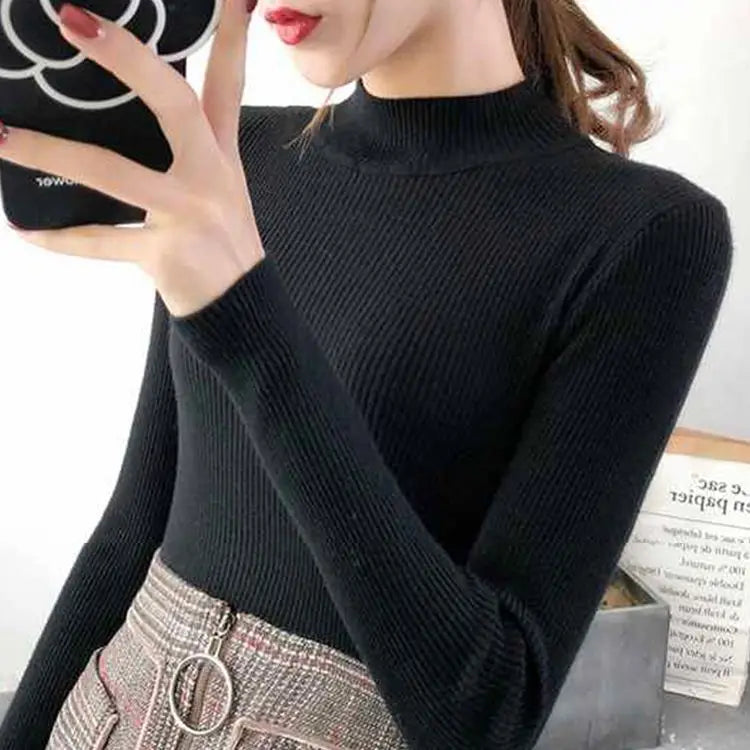 Women's Mock Neck Slim Knit Pullover | Vintage Basic Solid Sweater 11 Colors One Size