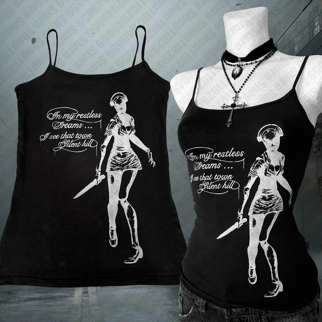 Goth Letter Print Crop Cami – Y2K Emo Sleeveless Baby Tee for Women