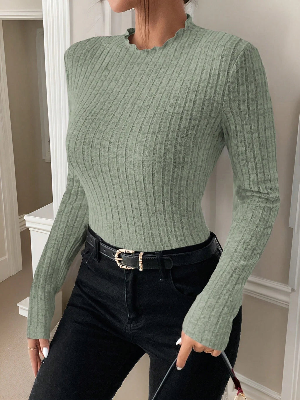 Women's Ribbed Knit Long Sleeve Top – Slim Fit Crew Neck Pullover