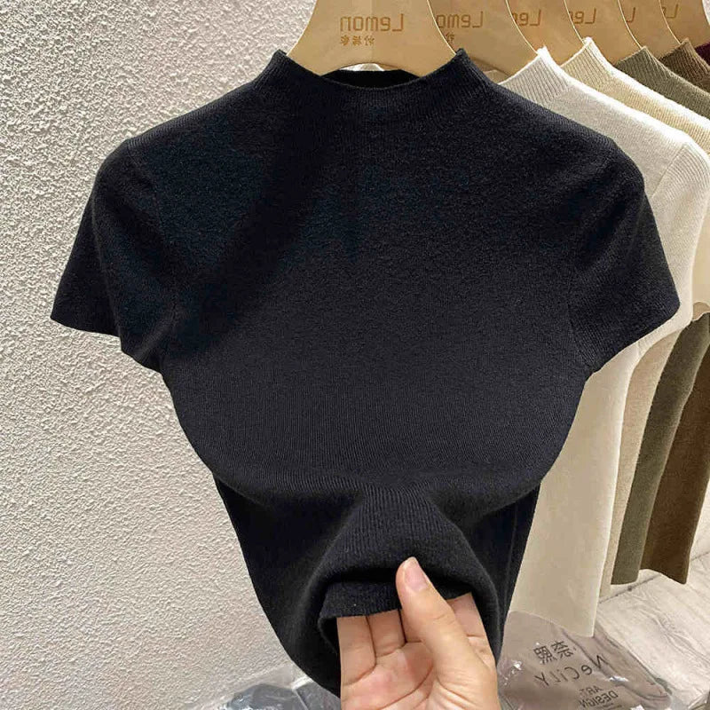 Women's Thin Mock Neck Short Sleeve Knit Sweater | Slim Bodycon Pullover Layering Top One Size