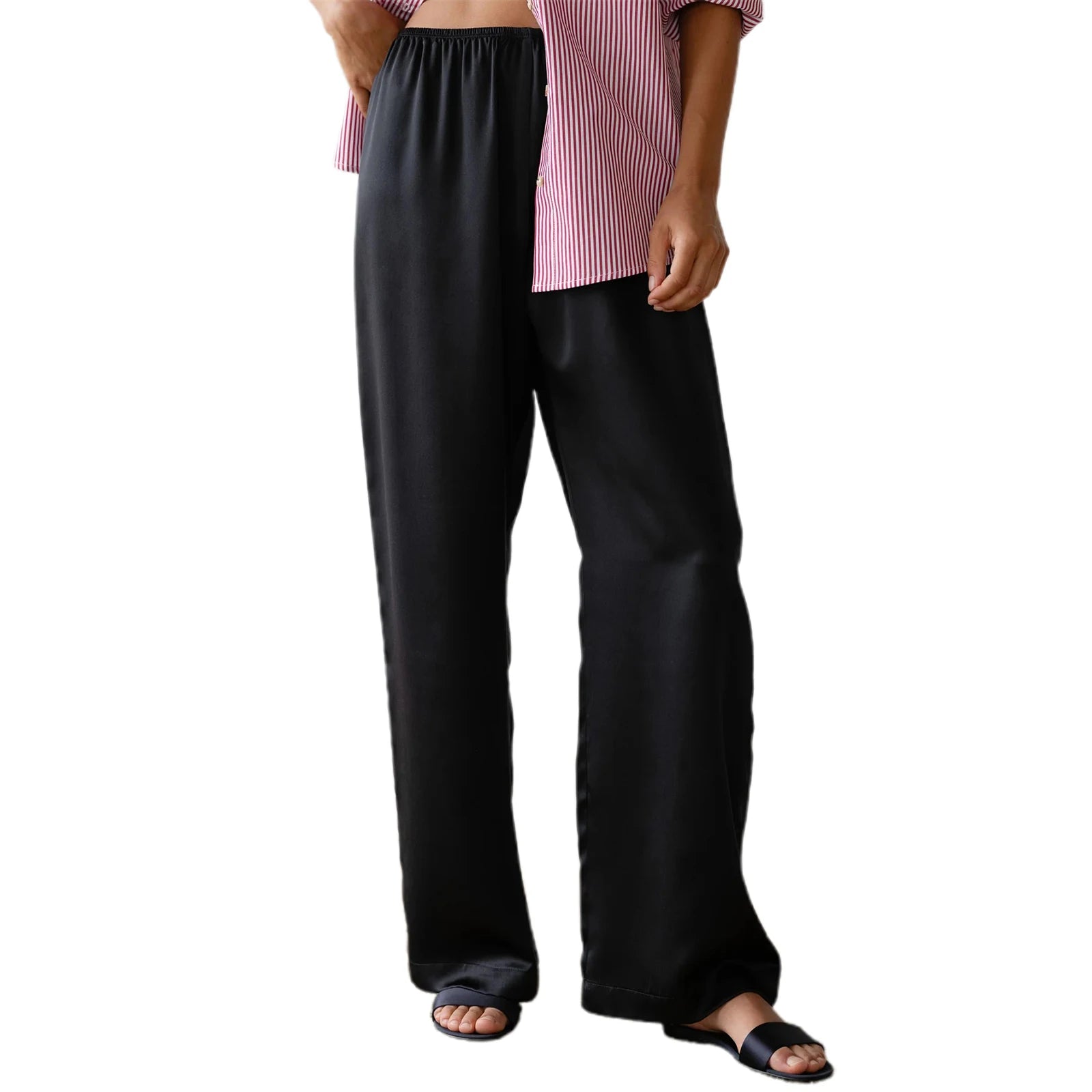 Elegantes pantalones de satén de pernera ancha para mujer, con estilo, cintura elástica, ajuste holgado, pantalones largos para ropa de calle, trabajo, color liso